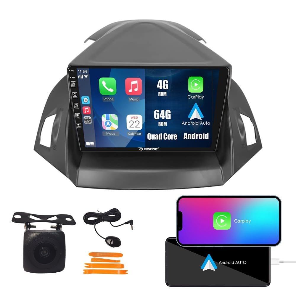 Kunfine Car CarPlay Android Auto Navigation Stereo GPS Radio Reverse Camera Display 9" IPS Touchscreen Headunit Tablet Pad Media Player for Ford Escape Kuga 13-19, if Applicable Quad Core 4G+64G