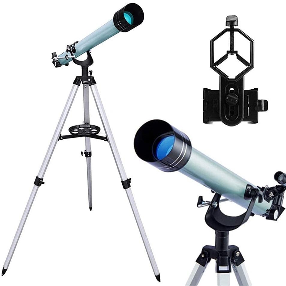 DCYEQRQ Portable Astronomical Telescope,Refractor Telescope for Kids and Astronomy Beginners with Lightweight Tripod,Phone Mount and Carry Bag,Perfect for Educational Gift (Silver+phonemou