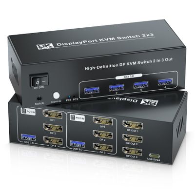 8K60Hz 4K120Hz Displayport KVM Switch 3 Monitors 2 Computers, USB 3.0 DP KVM Switch for 2 Computers Share 1 Set of Keyboard, Mouse, Printer and 3 Monitors, 4 Port USB 3.0 for Peripheral Sharing