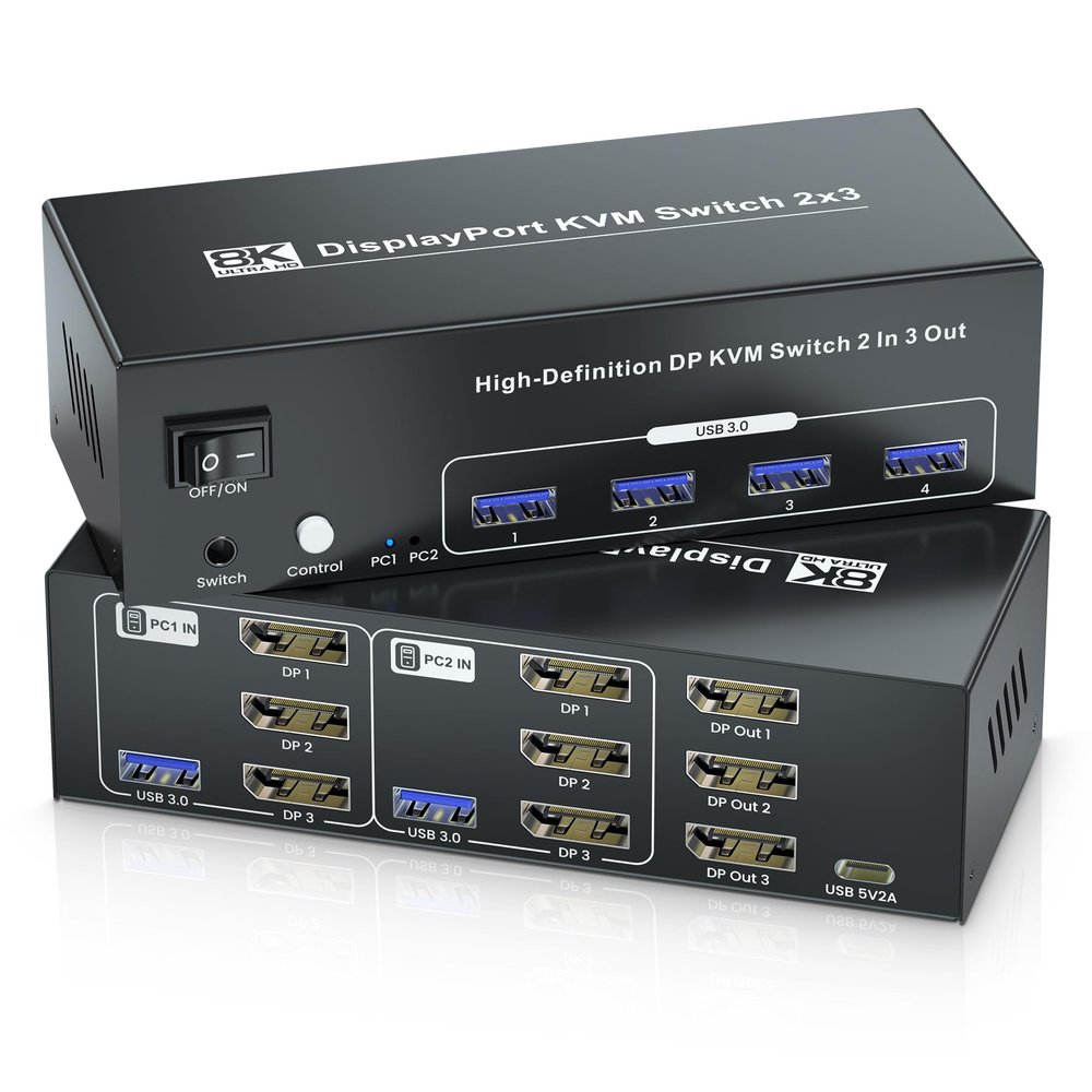 8K60Hz 4K120Hz Displayport KVM Switch 3 Monitors 2 Computers, USB 3.0 DP KVM Switch for 2 Computers Share 1 Set of Keyboard, Mouse, Printer and 3 Monitors, 4 Port USB 3.0 for Peripheral Sharing