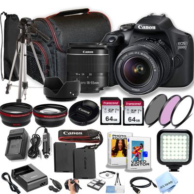 Canon EOS 2000D / Rebel T7 w/EF-S 18-55mm F/3.5-5.6 Zoom Lens + 64GB Memory, Filters, Case, Tripod, LED Light, Lenses, and More (30pc DSLR Camera Bundle) (Renewed)