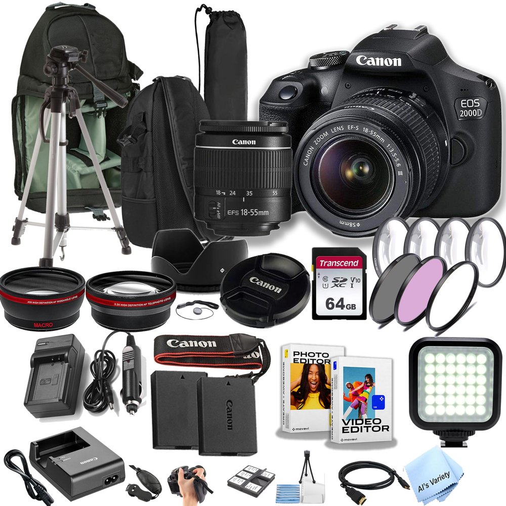 Canon EOS 2000D / Rebel T7 w/EF-S 18-55mm F/3.5-5.6 Zoom Lens + 64GB Memory, Filters, Sling Case, Tripod, LED Light, Lenses, and More (34pc DSLR Camera Bundle) (Renewed)