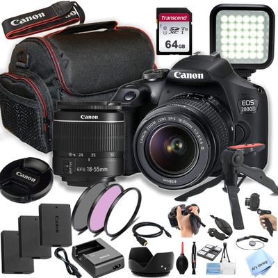 Canon EOS 2000D/Rebel T7 w/EF-S 18-55mm F/3.5-5.6 Zoom Lens, 64GB SD Card and More (DSLR Power Bundle) (Renewed)