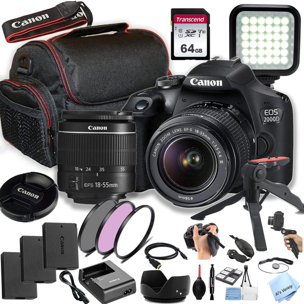 Canon EOS 2000D/Rebel T7 w/EF-S 18-55mm F/3.5-5.6 Zoom Lens, 64GB SD Card and More (DSLR Power Bundle) (Renewed)