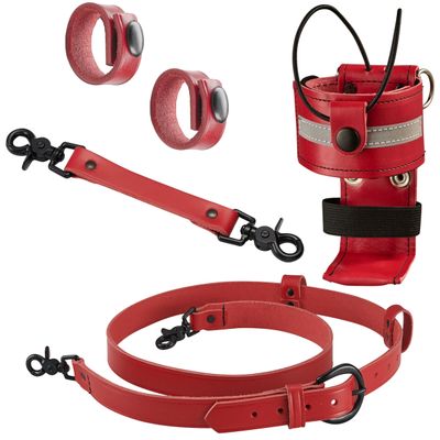 Perfect Fit Shield Wallets Red Leather Firefighter Reflective Bundle Includes L-Style Universal Radio Holster Case, Radio Strap Harness, Anti-Sway Strap for Radio Strap and 2 Cord Keepers
