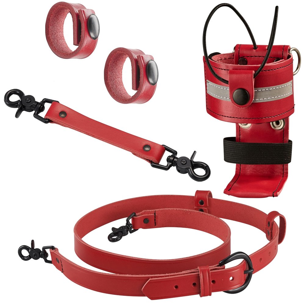 Perfect Fit Shield Wallets Red Leather Firefighter Reflective Bundle Includes L-Style Universal Radio Holster Case, Radio Strap Harness, Anti-Sway Strap for Radio Strap and 2 Cord Keepers