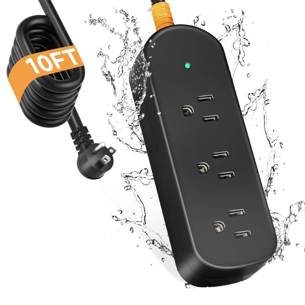 Outdoor Surge Protector Waterproof Power Strip Weatherproof 10 FT Extension Cord Power Strip, 3 AC Outlets, 1625W Overload Protection, for Camping, Home, Office, Garden, FCC UL Listed