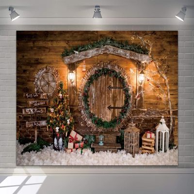 12x8ft Vinyl Christmas Backdrop Xmas Log Cabin Photography Backdrop Hand Light Xmas Tree Sign Gift Wreath Photoshoot Background Xmas Holiday New Year Party Decorations Backdrop Banner Supplies