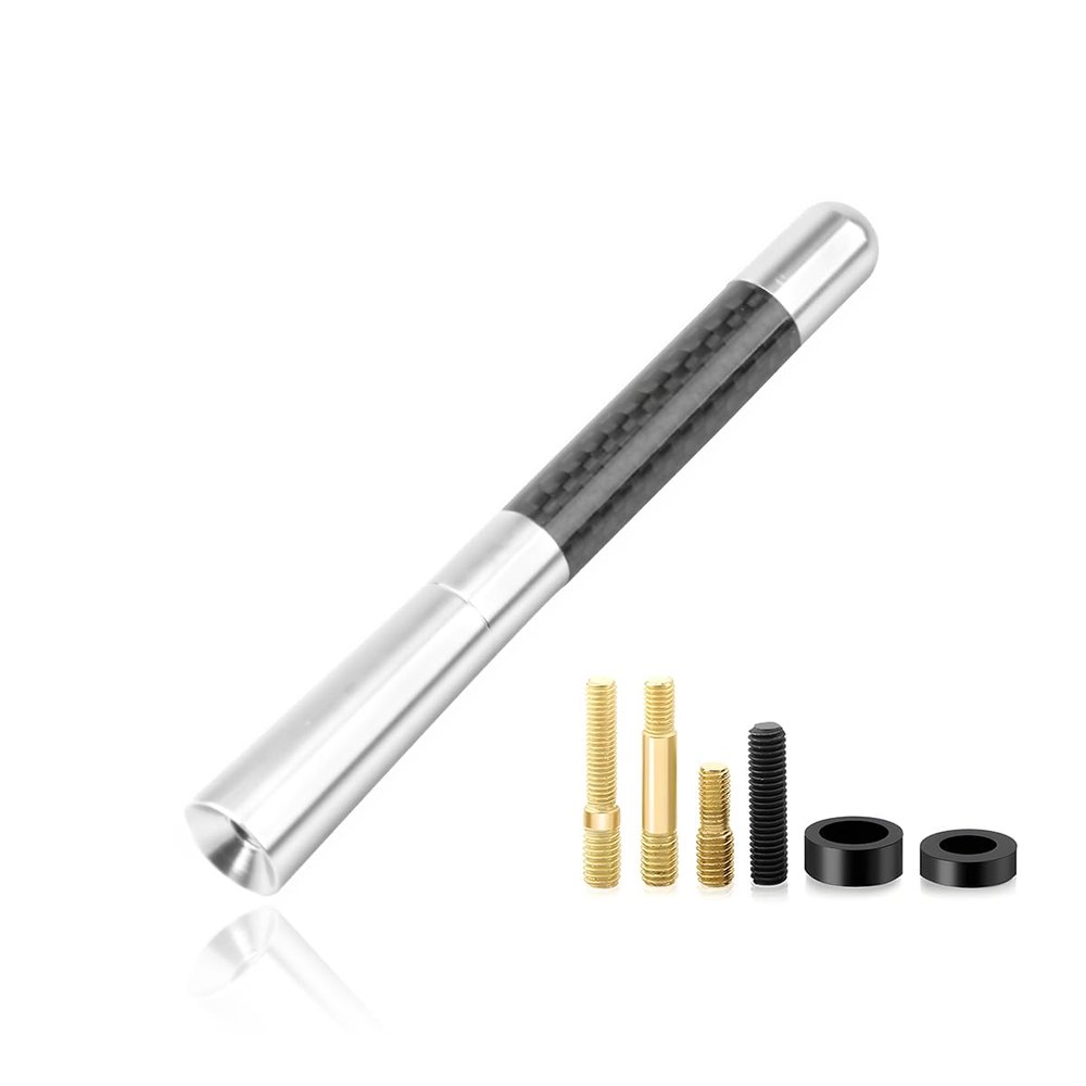 Sylvil Car Short Antenna, 4.72" Aluminum Radio Antennas Replacement, Carbon Fiber Antenna Kit with Screws, AM/FM Roof Mount Car Radio Reception Antennas Mast for Most Cars SUVs (Silver)
