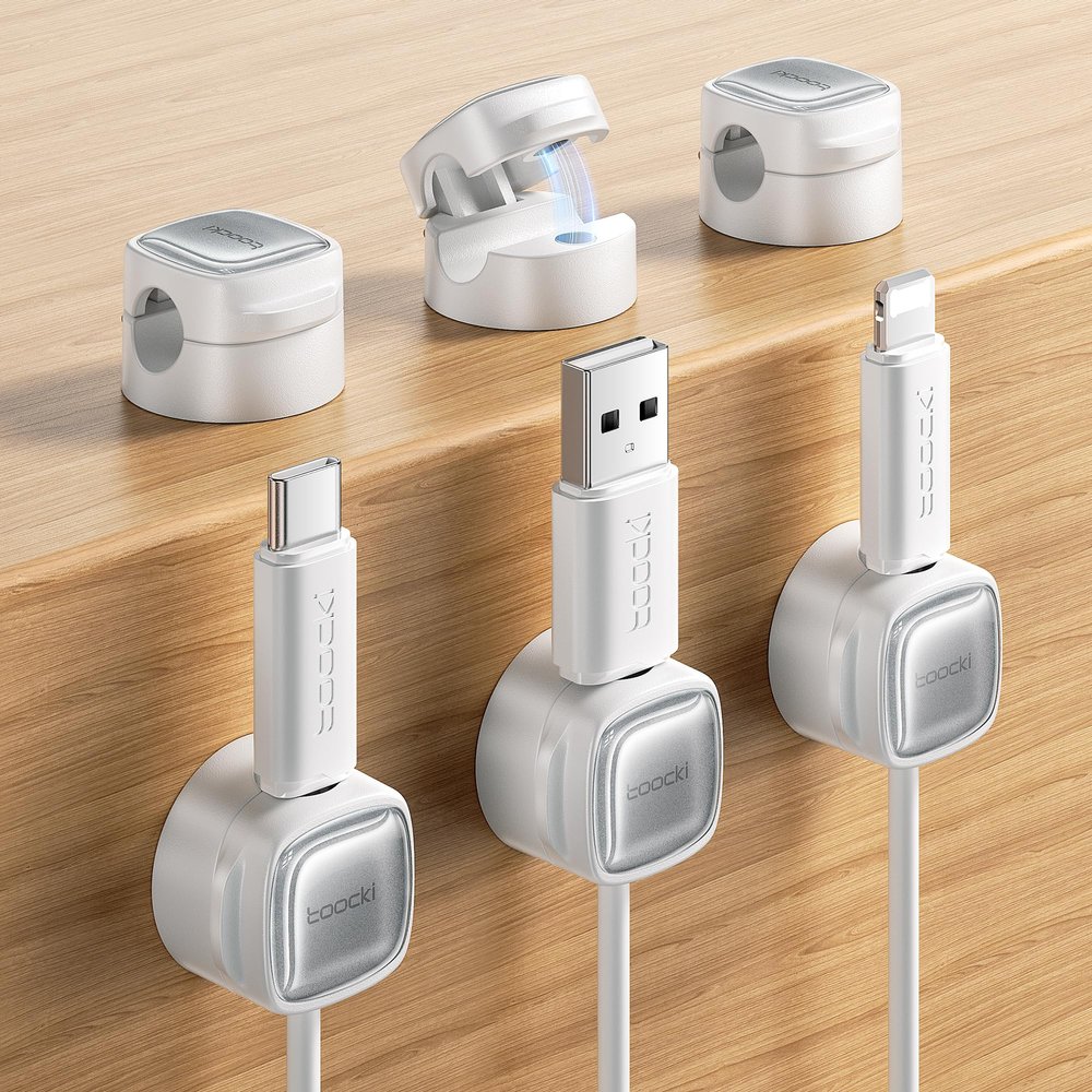 6 Pack Magnetic Cable Clips Cord Organizer & Holder, Toocki Adhesive Cable Management, Wire Holder for USB Charging Cables, Ideal for Home, Office, Car, Desk, and Nightstand-White