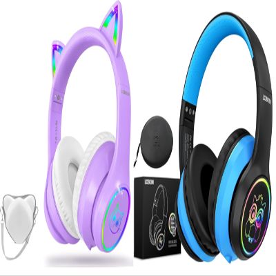 LOBKIN Bluetooth 5.3 Kids Headphones with Case - RGB LED Light Up Cat Ears Foldable Adjustable Over Ear Headphone Support Wireless or 3.5mm Wired Mode for Toddler & Girls & Boys Teens