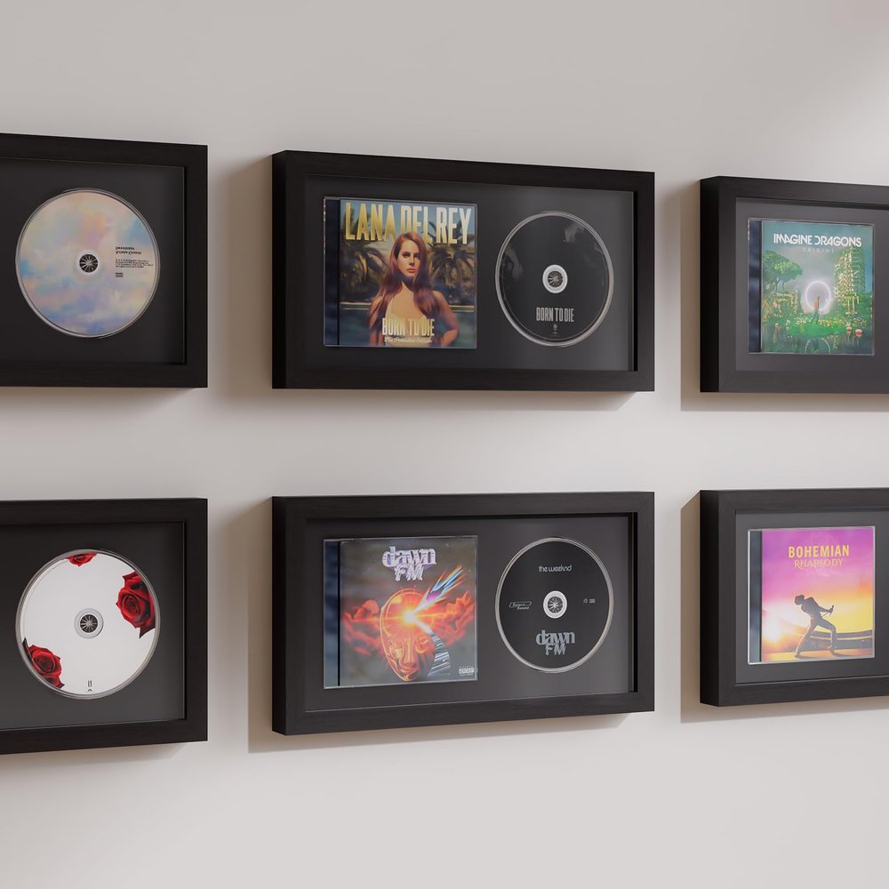 SKZOHROT 1 Pc CD Display Frame, 14.4" x 7.7" Display Disc and CD Box, Double Groove Signed CD Frame Made of Solid Wood for Self Standing, Home Decor CD Frame Display for Music Enthusiast (Black)