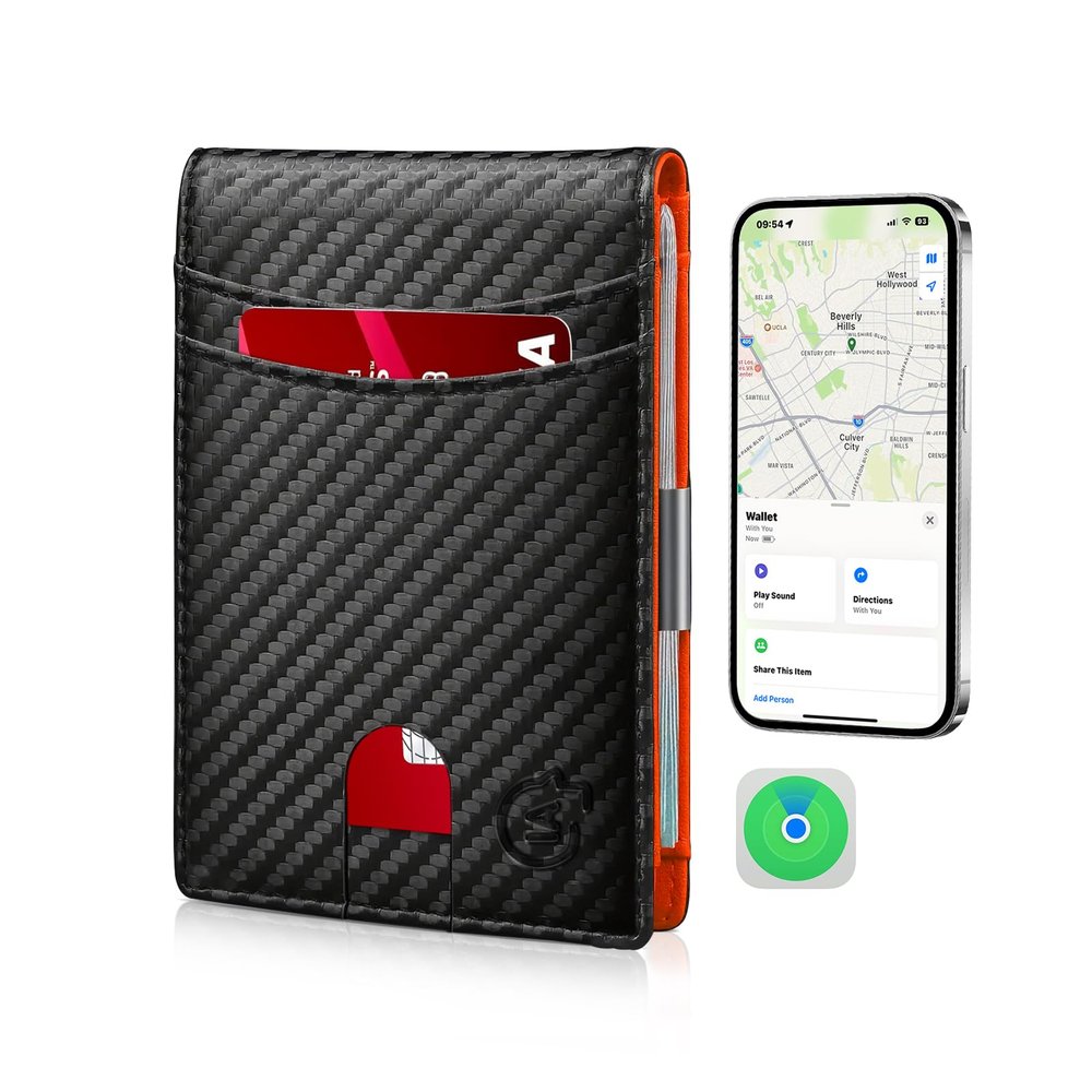Men's Smart Bifold Wallet - Compatible with Apple Find My & Air tag Tracker, CarbonBlack05 Card Holder (Not for Android)