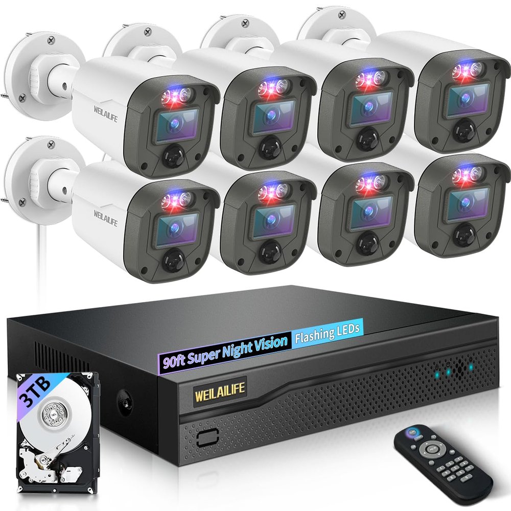 122 Wide-Angle Outdoor Wired Security Camera System, Home Video Surveillance Systems, CCTV Cameras for Home, DVR Surveillance Kits