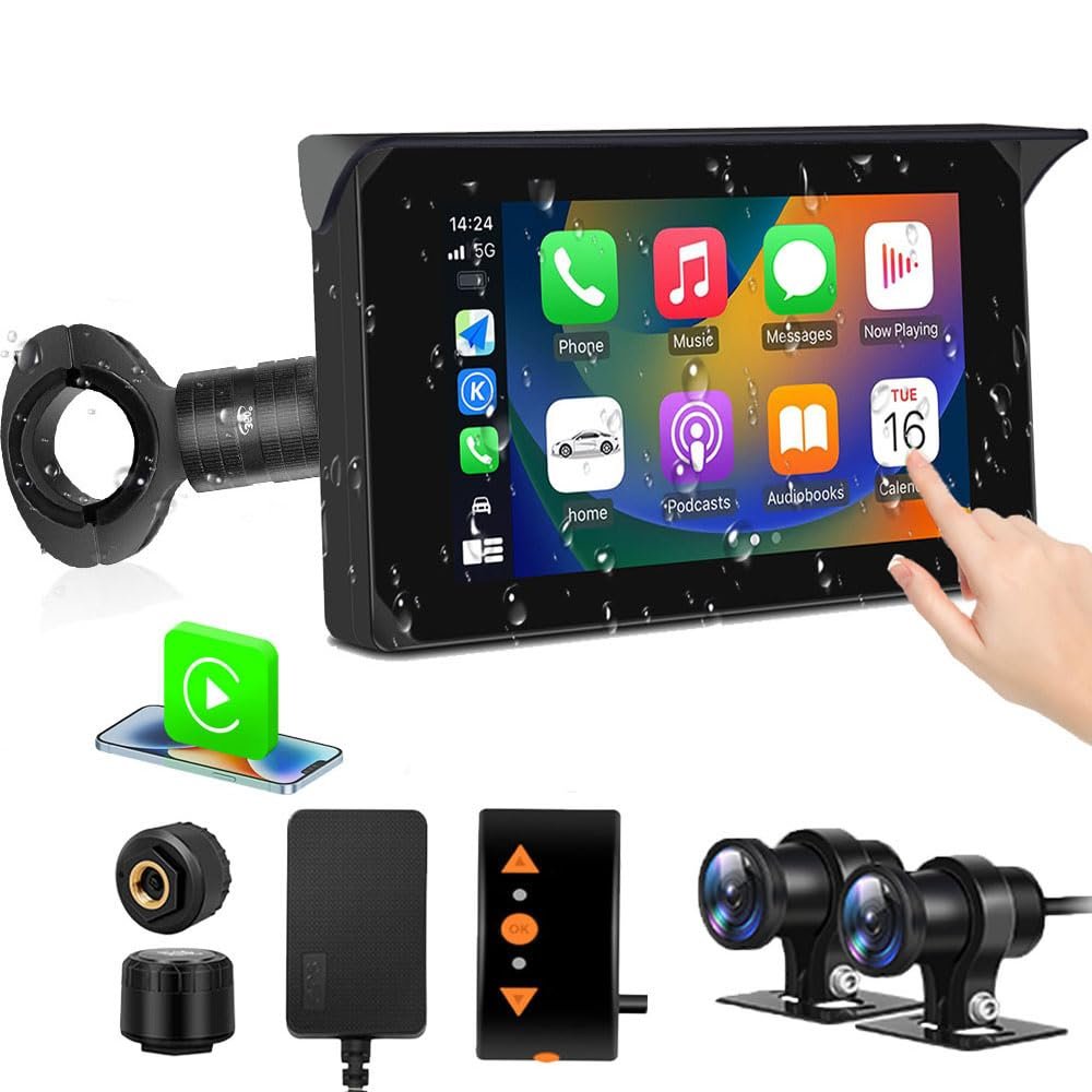 VSYSTO 5 Inch Motorcycle Carplay Touchscreen, Wireless Carplay and Android Auto, GPS Navigation, Parking Monitoring,WiFi Motorcycle Dash Cam SONYIMX307 1080P Front and Rear Camera,Tire Pressure Sensor