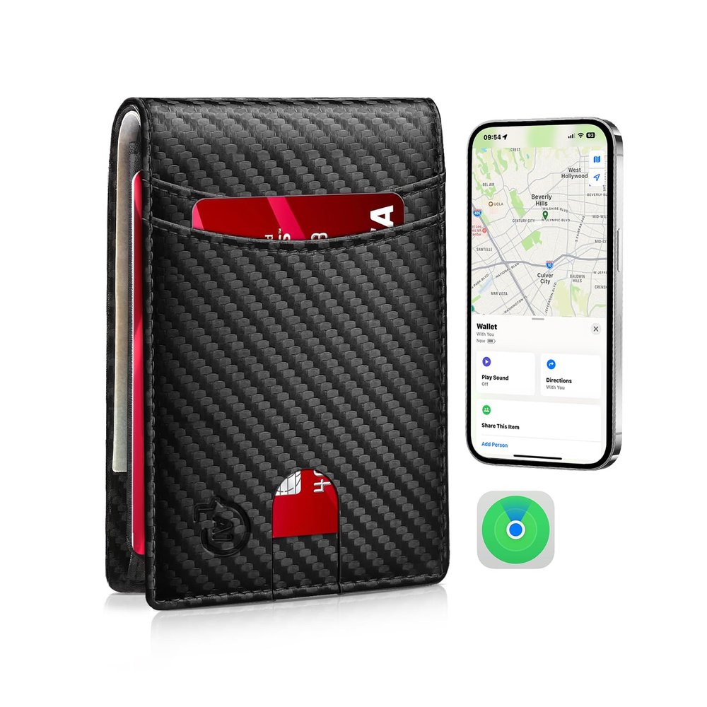 SMART CC Men Wallet with Tracker Work with Apple Findy(iOS only), Wallet Tracker with Bifold Minimalist Thin Wallet 13 Card &2 ID Windows & Cash Slot (carbon Black&Orange)(Not For Android)