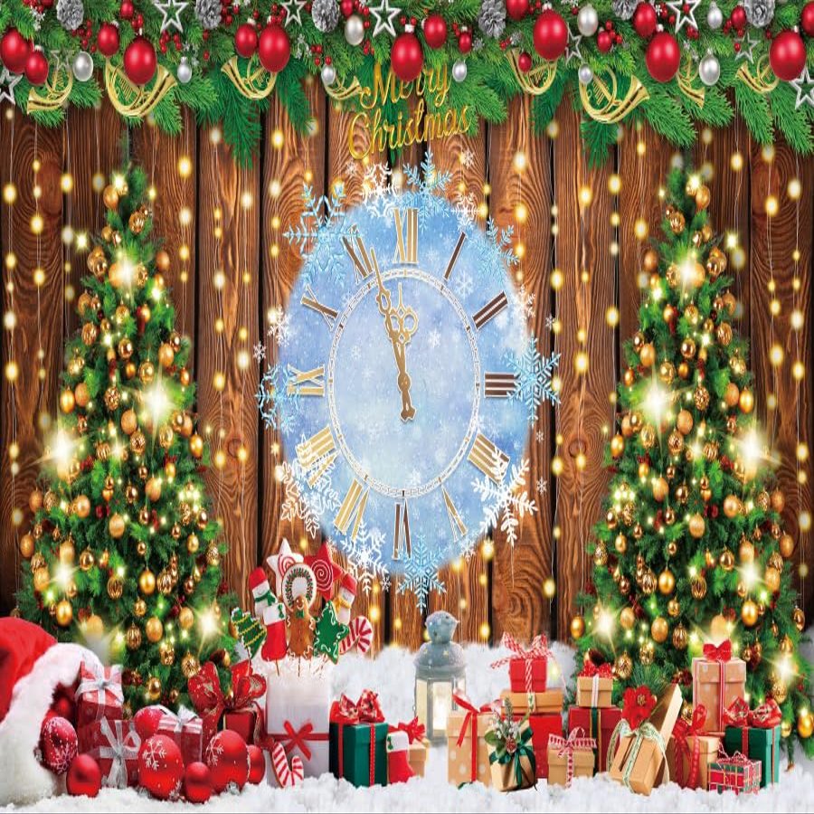 20x10ft Christmas Backdrop Christmas Tree Photography Background Ice Clock Golden Bell Backdrop Festival Boxes Various Socks Decoration Christmas Event Party Decorations Holiday Photo Background
