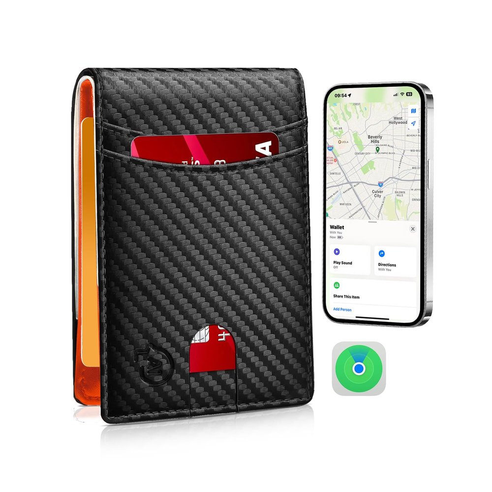 SMART CC Men Wallet with Tracker Work with Apple Findy(iOS only), Wallet Tracker with Bifold Minimalist Thin Wallet 6 Card &1 ID Windows & Cash Slot (Not For Android) (Black & Orange)