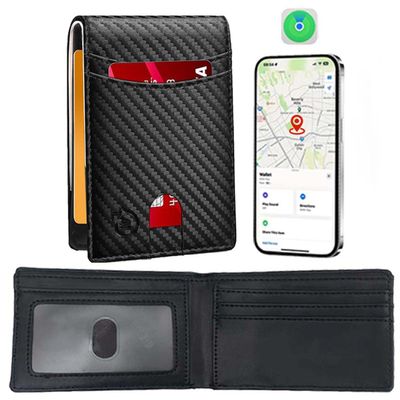 SMART CC Men Wallet with Tracker Work with Apple Findy(iOS only), Wallet Tracker with Bifold Minimalist Thin Wallet 6 Card &1 ID Windows & Cash Slot (Not For Android) (Carbon Black & Black)
