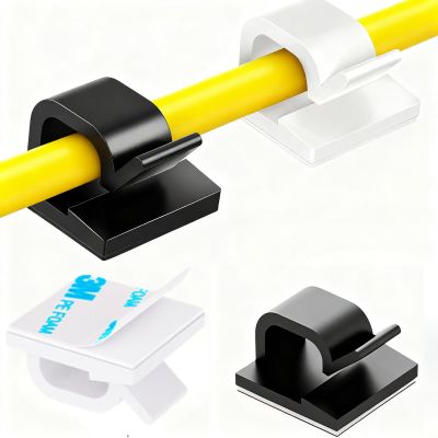[100Pcs] Adhesive Cable Clips (Small, White&Black) Under Desk Cable Management Clips - Strong Cord Organizer Clips Wall Wire Holder - Light Clips Hooks for LED, Car Dash Cam, USB Cable
