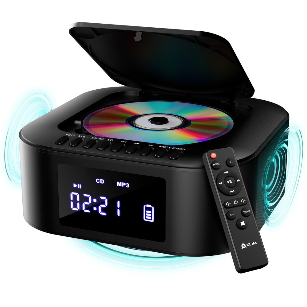 KLIM Boombox E1 - CD Player Portable Audio System + Extra BASS with Subwoofer + FM Radio, CD MP3 Bluetooth AUX USB + Wired and Wireless Mode Rechargeable Battery + Remote Control