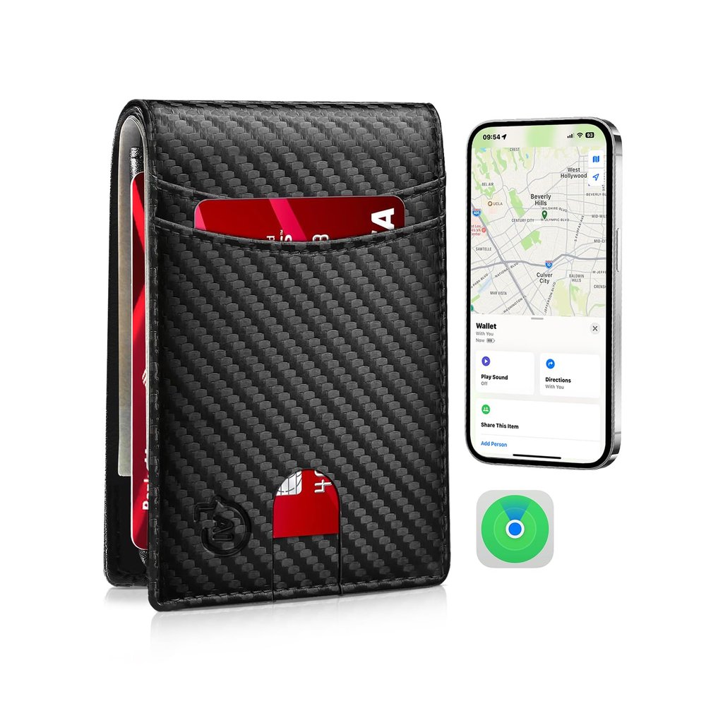 Smart Wallet for Men for Apple Find My App Functions for Air Tag Wallet Tracker Bifold Card Holder Wallet with Gift for Christmas(Not For Android) (Carbon Black+Black)
