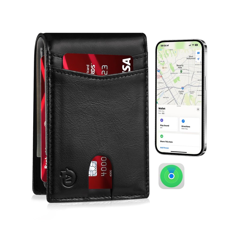 SMART CC Men Wallet with Tracker Work with Apple Findy(iOS only), Wallet Tracker with Bifold Minimalist Thin Wallet 13 Card &2 ID Windows & Cash Slot (Black&Orange)(Not For Android)