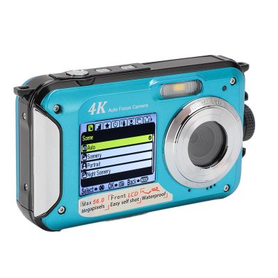 Underwater Camera, 4K 56MP Digital with 16X Zoom, Dual Screen 64G Card, Autofocus, Face Detection, 1250mAh Battery for Snorkeling (Blue)