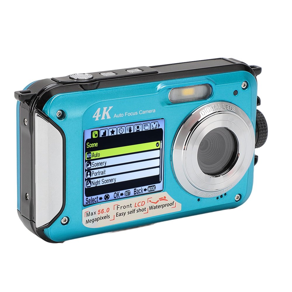 Underwater Camera, 4K 56MP Digital with 16X Zoom, Dual Screen 64G Card, Autofocus, Face Detection, 1250mAh Battery for Snorkeling (Blue)