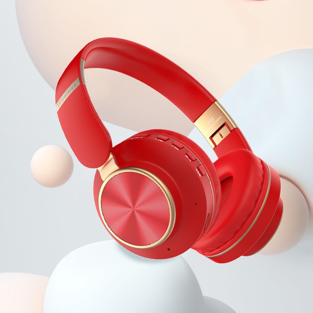 Bluetooth 5.0 Headphones Over Ear Earphones Head-Mounted Bluetooth Wireless Headset Wireless Headphones with Microphone Foldable Lightweight Headset for Home Office Sports Travel (Red)