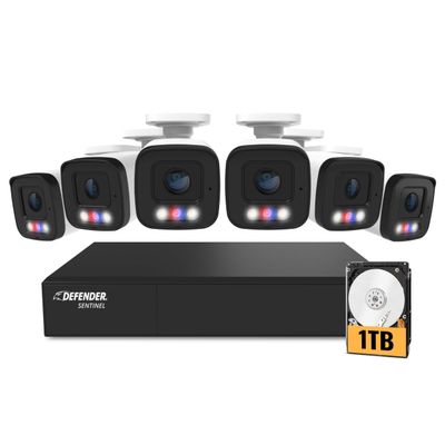 Defender AI Powered Sentinel 4K 8CH PoeE Security Camera System, 6pcs NVR Metal Outdoor Surveillance Cameras, 1TB HDD, Smart AI Human Detection, Blue/Red Lights, Works w/Empower App
