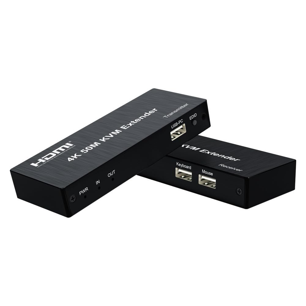 ENS HDMI KVM USB Extender, up to 150FT, Pair of Transmitter and Receiver, CAT5E, CAT6, 1080P and 4K, Long Distance Transmission with USB 2.0 Ports for Remote Keyboard & Mouse Control