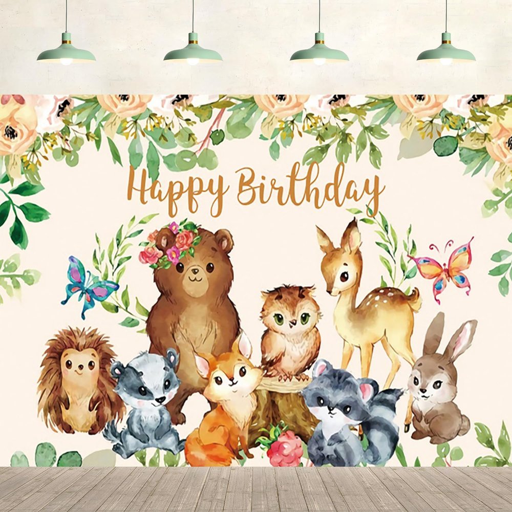 10x6.5ft Safari Happy Birthday Backdrop Safari Animal Jungle Background Kids Party Supplies Banner Wall Decoration Flowers Leaves Cake Table Decor Photography Boys Girls Photo Studio Props