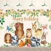 10x6.5ft Safari Happy Birthday Backdrop Safari Animal Jungle Background Kids Party Supplies Banner Wall Decoration Flowers Leaves Cake Table Decor Photography Boys Girls Photo Studio Props view 1