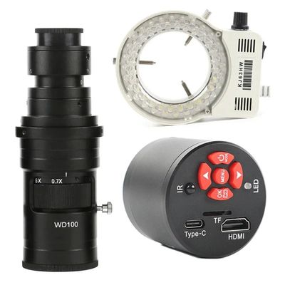 ZTBH Microscope Accessories Kit 4K 1080P 60FPS 55MP HDMI USB Type C Microscope Camera 100X 130X 180X 300X 200X 500X C Mount Lens w/Microscope Light for Zoom Image Acquisition(200X Lens LED Light)