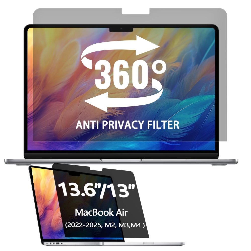 Halloive 360 Privacy Screen Protector for Macbook Air 13.6/13 Inch (2022-2025, M2, M3M4), Privacy Screen Filter for Macbook Air 13.6 Inch, Anti-Spy/Anti Fingerprint/Anti Blue Light/Anti Glare