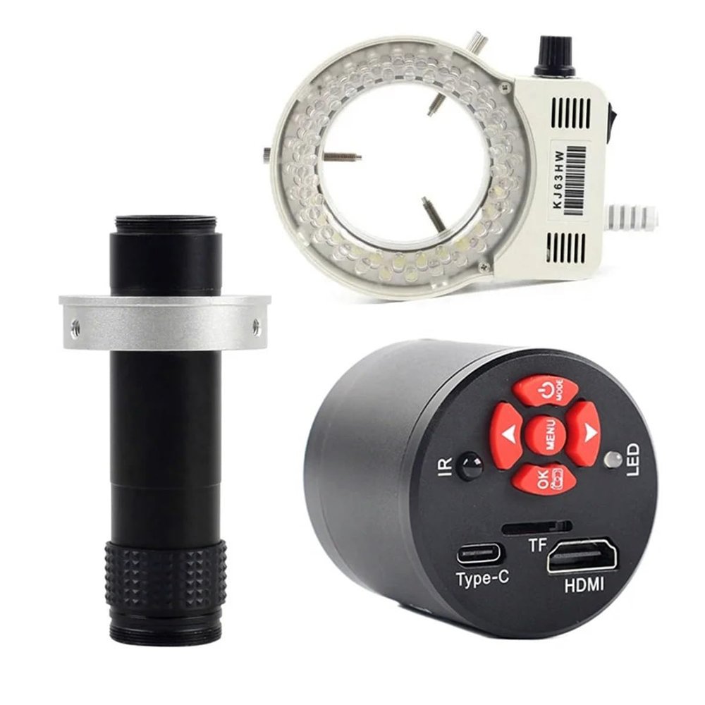 ZTBH Microscope Accessories Kit 4K 1080P 60FPS 55MP HDMI USB Type C Microscope Camera 100X 130X 180X 300X 200X 500X C Mount Lens w/Microscope Light for Zoom Image Acquisition(130X Lens LED Light)
