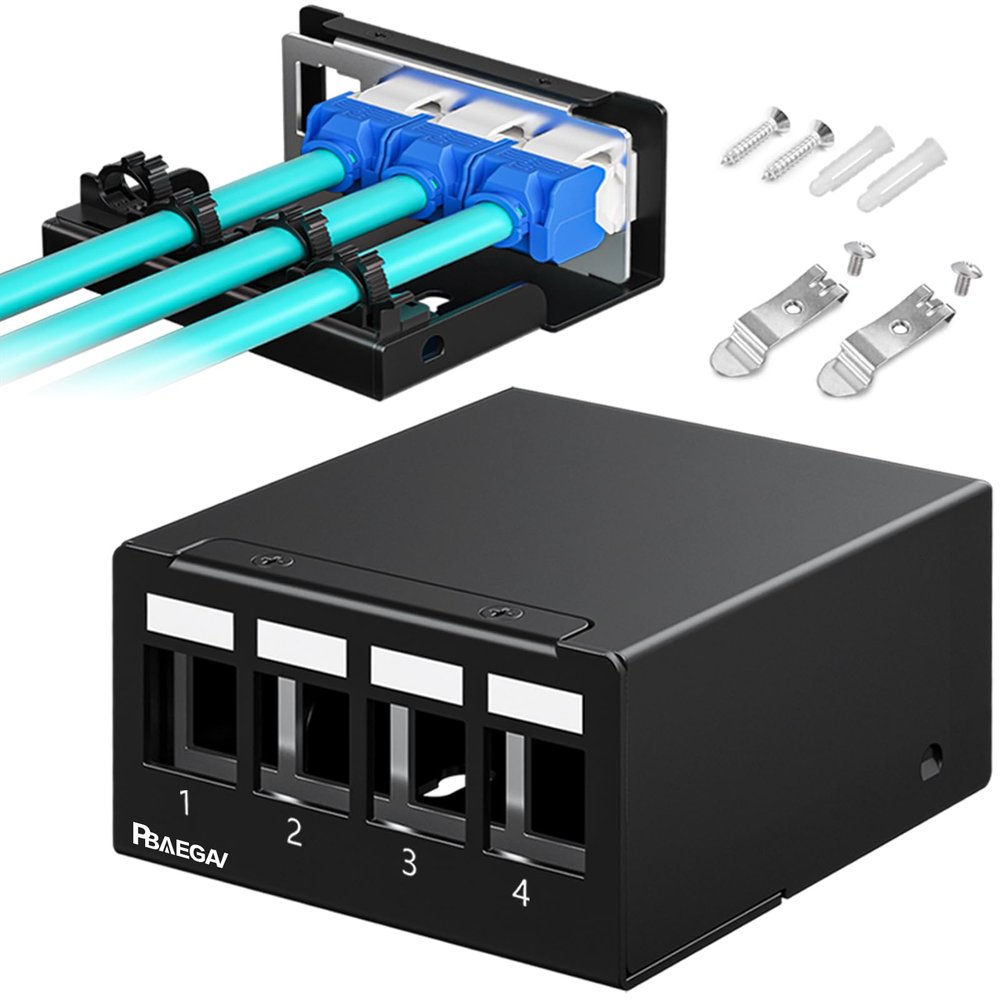 PBAEGAV Patch Panel 4 Port Keystone Network Blank Patch Panel UTP/STP Compatible with LC/SC/ST/FC/USB/HDMI Keystone Jack for Desk Mount Home Ethernet Termination Box (1U 4 Port)