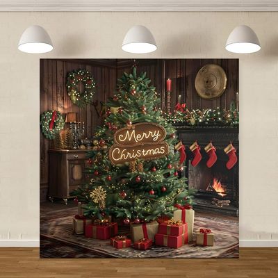 ChloropLastid 12x12ft Merry Christmas Tree Backdrop Christmas Indoor Fireplace Xmas Gifts Rustic Wooden House Photography Background Christmas Family Party Decoration Photo Booth Studio Props