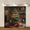 ChloropLastid 12x12ft Merry Christmas Tree Backdrop Christmas Indoor Fireplace Xmas Gifts Rustic Wooden House Photography Background Christmas Family Party Decoration Photo Booth Studio Props view 1