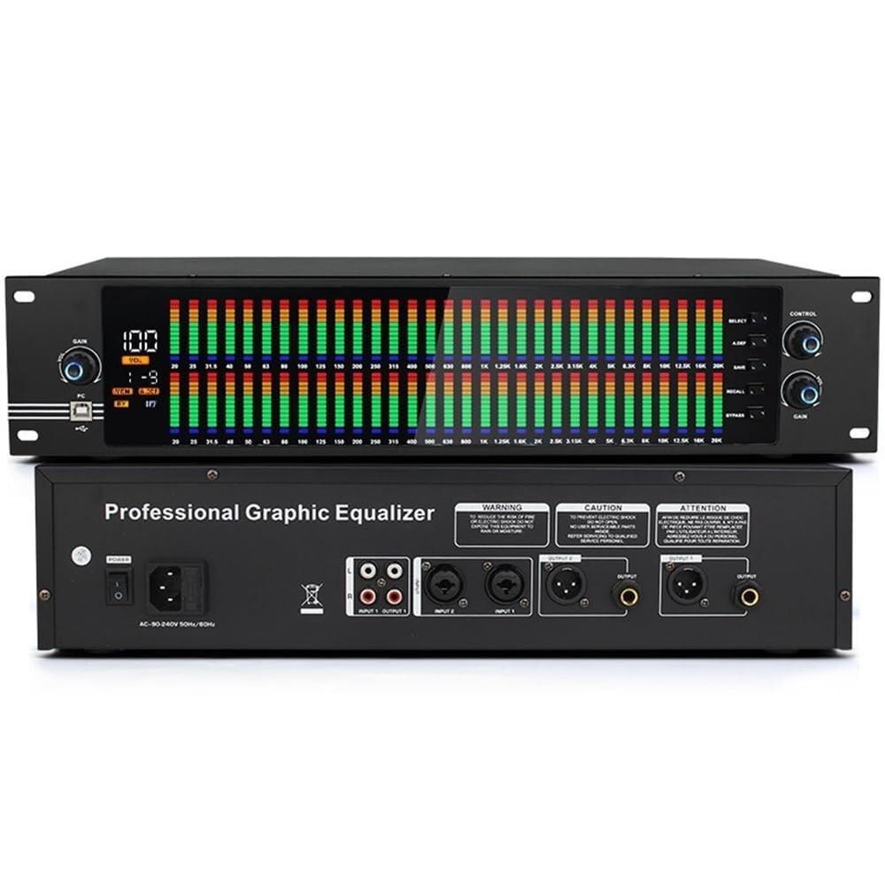 Digital Equalizer, Single/Double 31-Band Stereo Graphic EQ, with LED Light Display, 10 Preset Effects, PC Debugging, Automatic Noise Reduction, High, Mid and Bass Adjustment, for Recording Studio(Dual