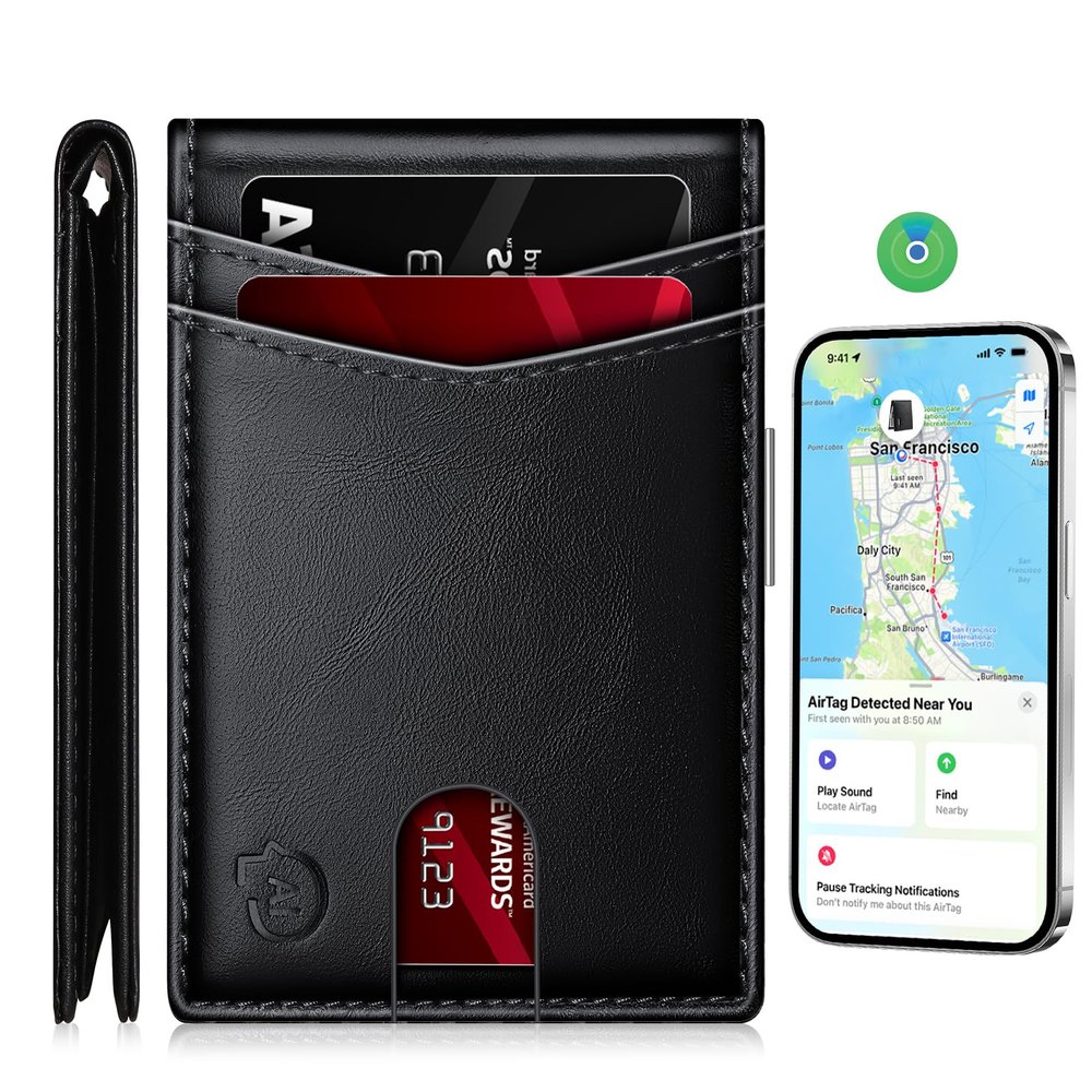 SMART LB Mens Wallet with Tracker, Rechargeable Wallet Finder, Works with Apple Find My or Bseek, Thin Design, Smart Item Locator (ONLY iOS(Black, Apple)
