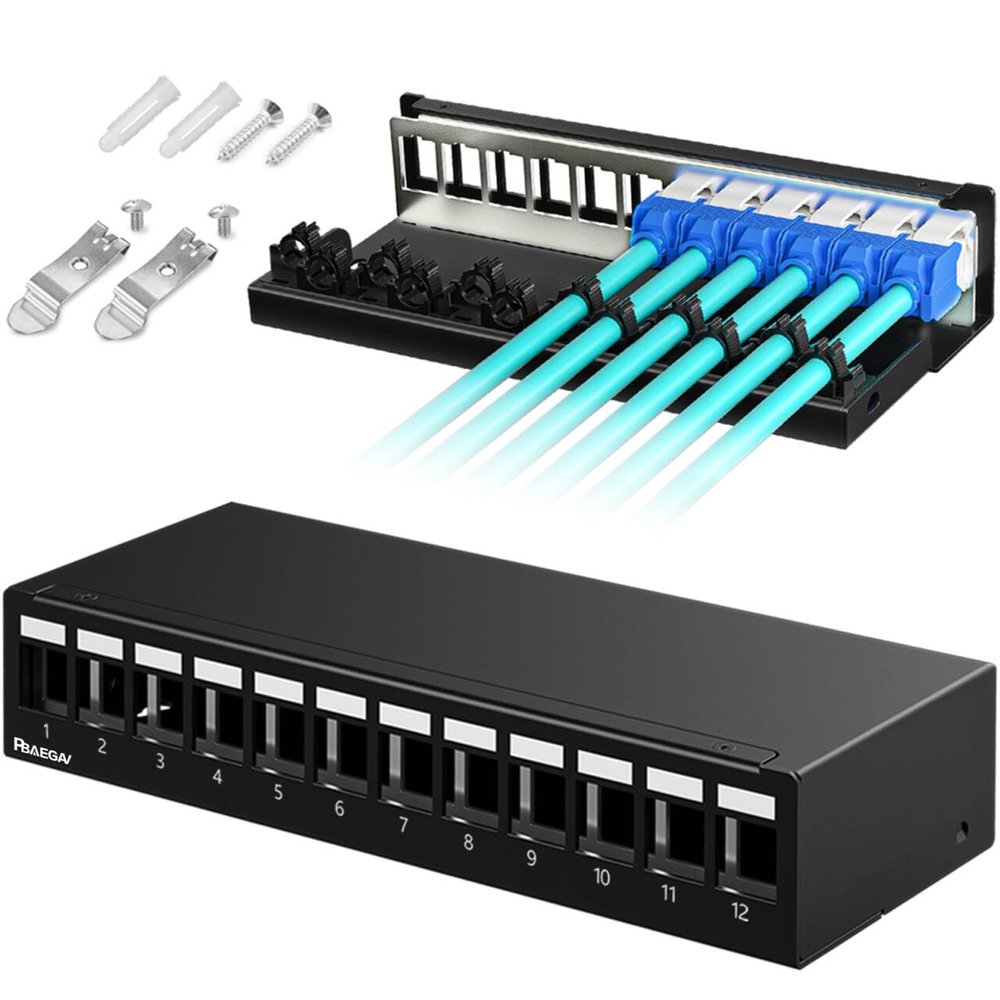 PBAEGAV Patch Panel 12 Port 1U UTP/STP Blank Keystone Patch Panel Compatible with LC/SC/ST/FC/USB/HDMI Keystone Jack for Desk Mount Home Ethernet Termination Box (1U 12 Port)
