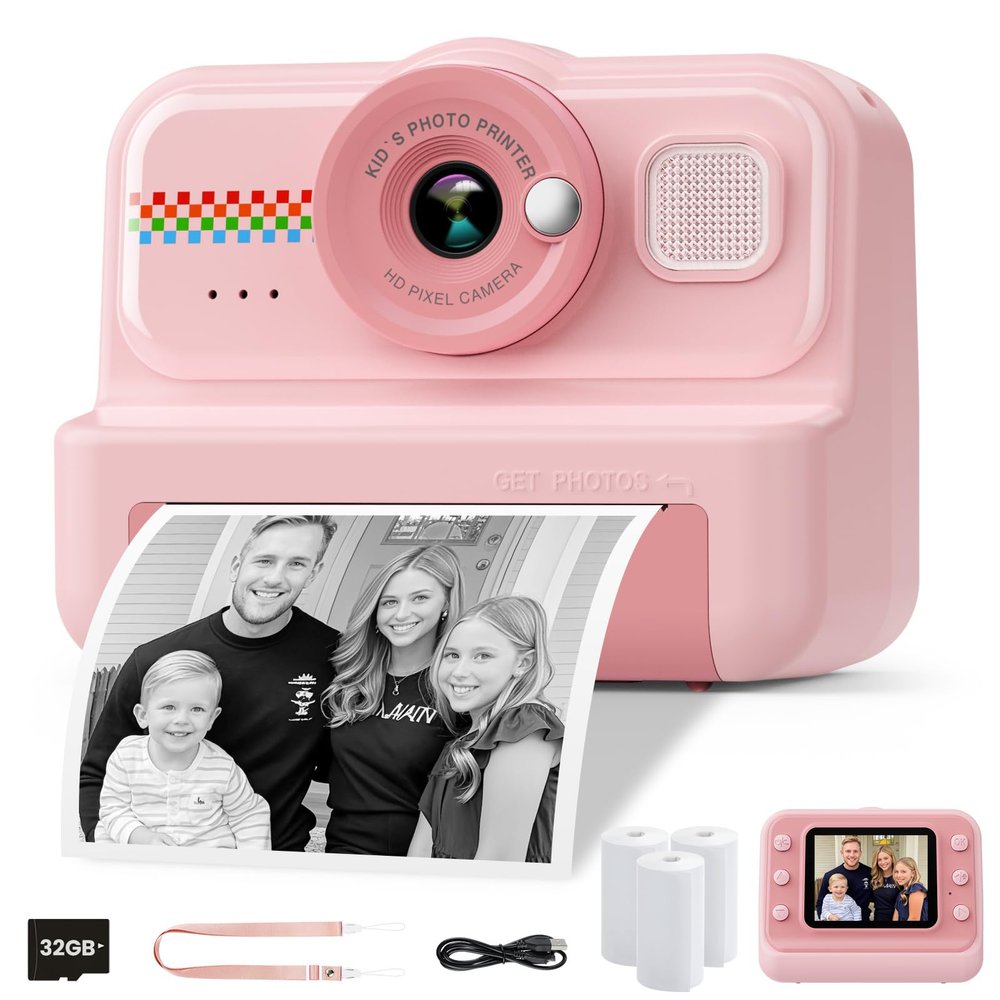 HiMont Kids Camera Instant Print, 1080P HD Instant Print Camera for Kids with 3 Rolls Print Paper & 32GB Card, Selfie Digital Camera for Kid, Ideal Kid Toys Gifts for Boys & Girls Age 3-14 (Pink)