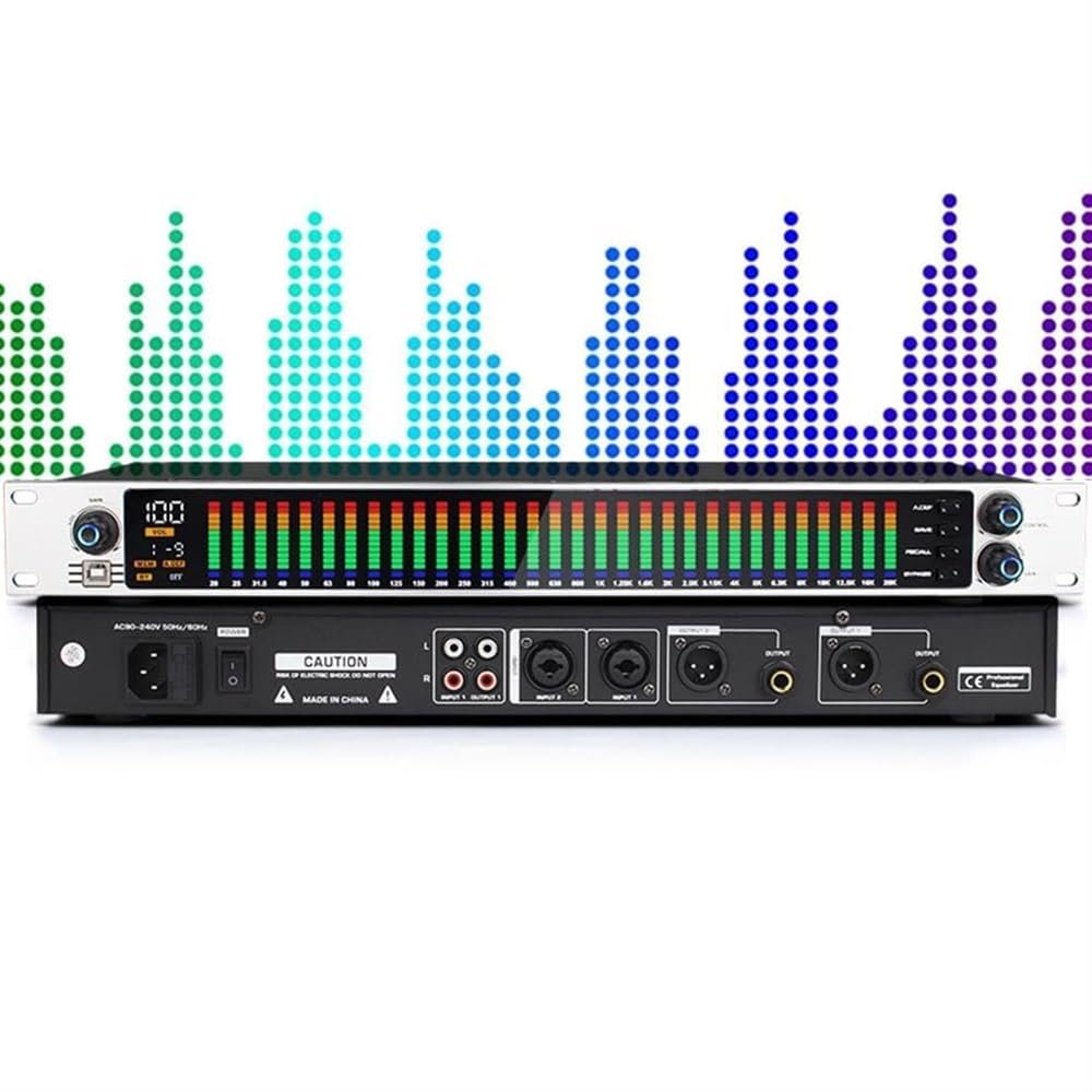 Digital Equalizer, Single/Double 31-Band Stereo Graphic EQ, with LED Light Display, 10 Preset Effects, PC Debugging, Automatic Noise Reduction, High, Mid and Bass Adjustment, for Recording Studio(Sing