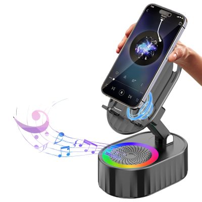 AKLLCCR Wireless Induction Audio Bluetooth Speaker 5in1 Phone Holder Emergency Rechargeable (3000mAh) with Colorful Ambient Light 300 Foldable for Tablet iPhone Android, Gifts for Men Women (Black)