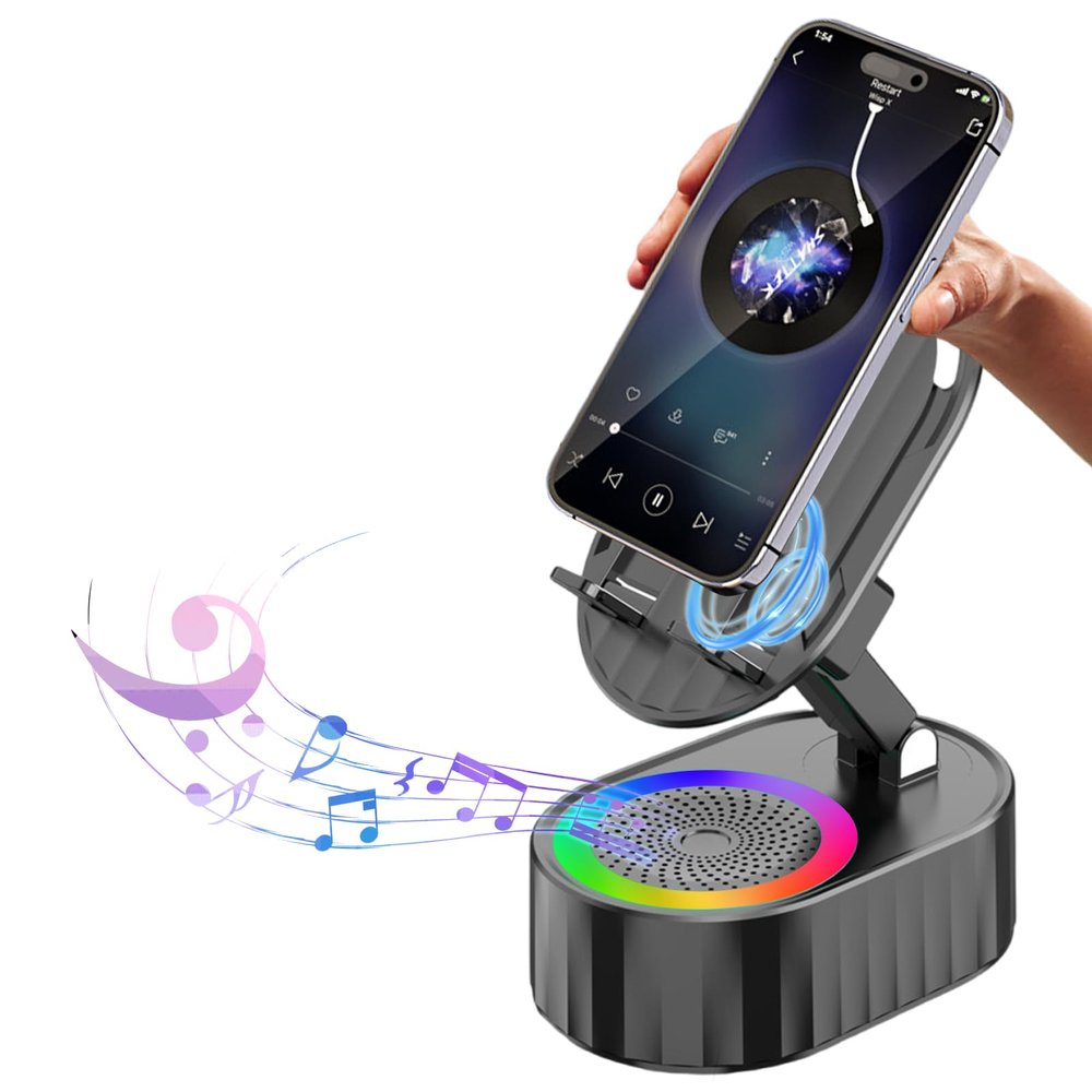 AKLLCCR Wireless Induction Audio Bluetooth Speaker 5in1 Phone Holder Emergency Rechargeable (3000mAh) with Colorful Ambient Light 300 Foldable for Tablet iPhone Android, Gifts for Men Women (Black)