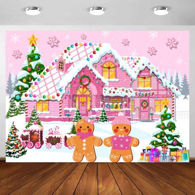 10X10ft Christmas Gingerbread House Photo Backdrop Photography Background, Pink Merry Christmas Candyland Backdrops Photo Booth Prop Decorations Wall Decor Banner Tablecloth