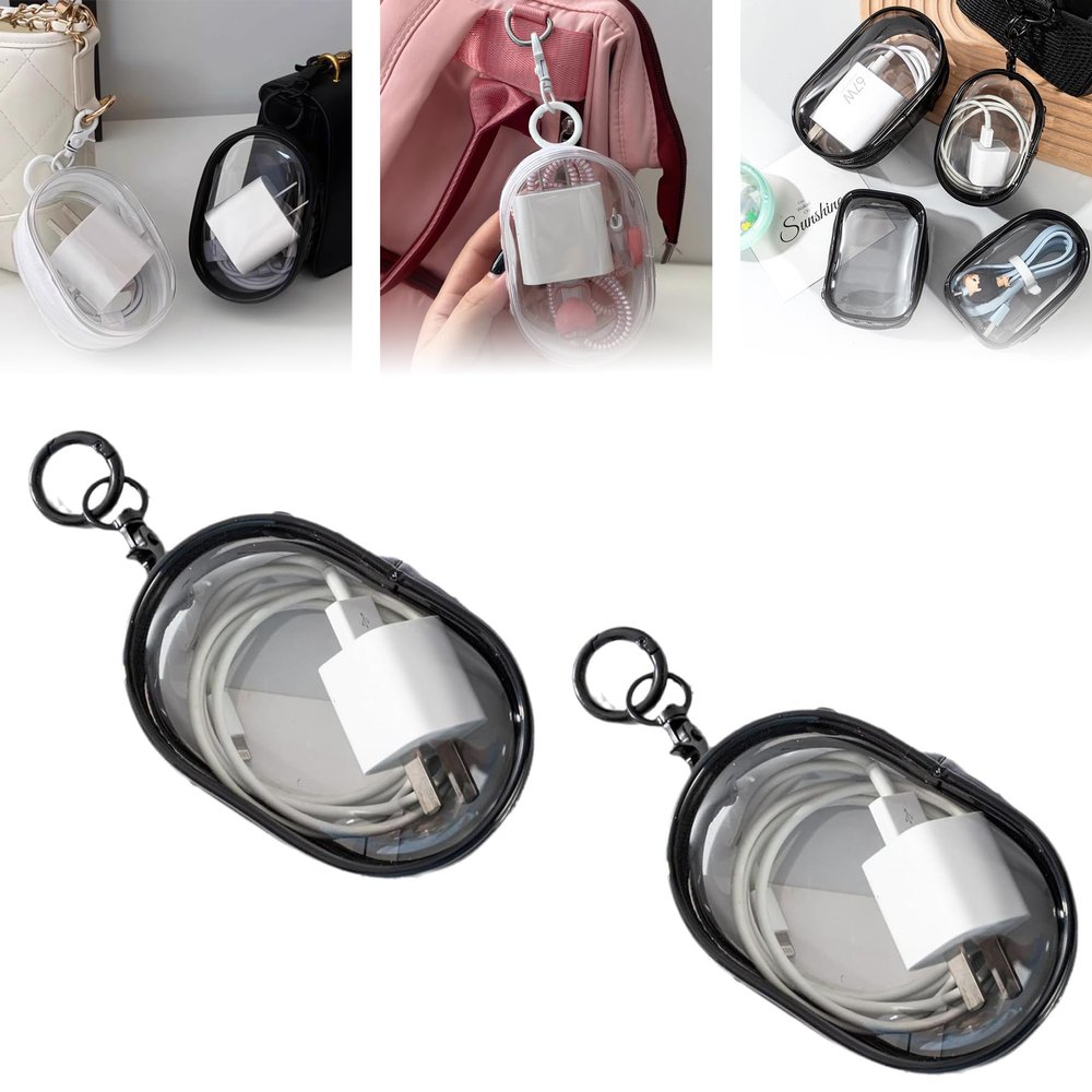 Mobile Phone Charger Organizer Bag, Waterproof Portable Storage Bag, Mini Clear Hard Shell Zipper Case, Charging Cable Storage Bag, Space-Saving Travel Accessories (2pcs Black)