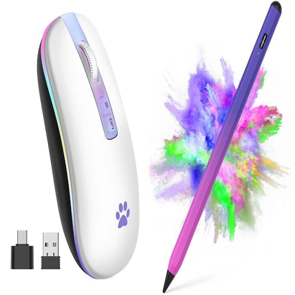 2.4G Rechargeable Wireless Mouse, 7 Color Breathing Lights Computer Mouse (Ivory White) Bundle with Stylus Pen for iPad, Apple Pencil for iPad 2018-2023 with Palm Rejection (Purple Rose Red)
